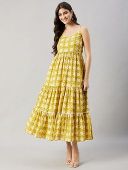 WineRed - Women Yellow Lace Strap Tiered Flared Maxi Dress