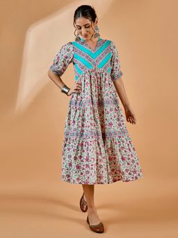 WineRed - Women Blue Naira-Cut Tiered Midi Flared Dress