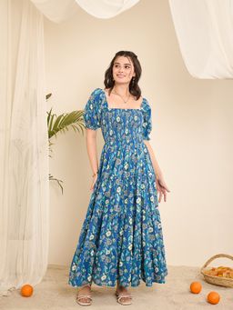 WineRed - Blue Floral Print Smocked Flared Maxi Dress
