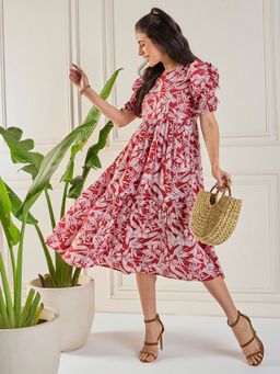 WineRed - Women Maroon Floral Tiered Midi Flared Dress