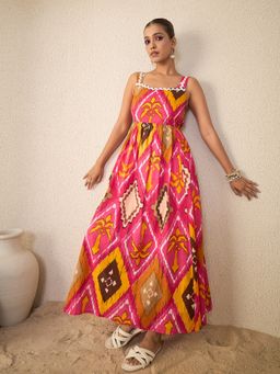 WineRed - Women Pink Geometric Print Cotton Flared Strappy Maxi Dress