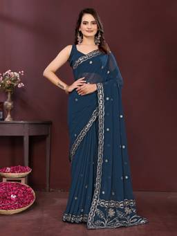 VAIRAGEE - Star Georgette Teal Embroidery Saree with Unstitched Blouse