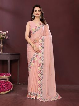 VAIRAGEE - Star Georgette Peach Embroidery Saree with Unstitched Blouse