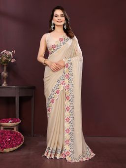 VAIRAGEE - Star Georgette Cream Embroidery Saree with Unstitched Blouse