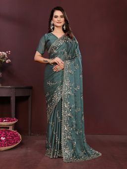 VAIRAGEE - Rangoli Silk Teal Embroidery Saree with Unstitched Blouse