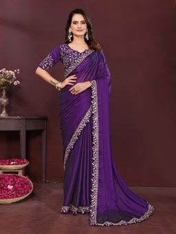 VAIRAGEE - Purple Rangoli Embroidery Saree with Unstitched Blouse