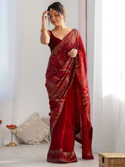VAIRAGEE - Georgette Red Embroidery Saree with Unstitched Blouse