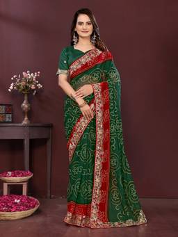 VAIRAGEE - Georgette Print Green Embroidery Saree with Unstitched Blouse
