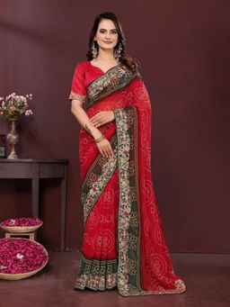 VAIRAGEE - Georgette Print Red Embroidery Saree with Unstitched Blouse