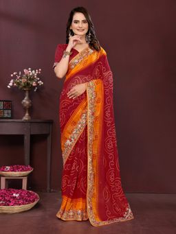 VAIRAGEE - Georgette Print Maroon Embroidery Saree with Unstitched Blouse