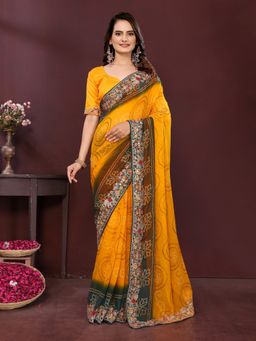 VAIRAGEE - Georgette Print Yellow Embroidery Saree with Unstitched Blouse
