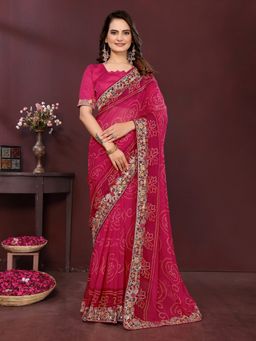 VAIRAGEE - Georgette Print Pink Embroidery Saree with Unstitched Blouse