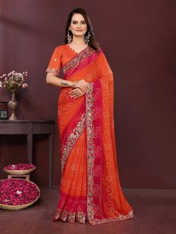 VAIRAGEE - Georgette Print Orange Embroidery Saree with Unstitched Blouse