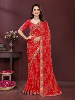 VAIRAGEE - Georgette Print Red Embroidery Saree with Unstitched Blouse