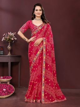 VAIRAGEE - Georgette Print Pink Embroidery Saree with Unstitched Blouse