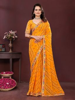 VAIRAGEE - Georgette Print Yellow Embroidery Saree with Unstitched Blouse