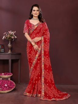 VAIRAGEE - Georgette Print Red Embroidery Saree with Unstitched Blouse