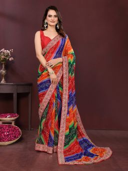VAIRAGEE - Georgette Print Multicolour Embroidery Saree with Unstitched Blouse