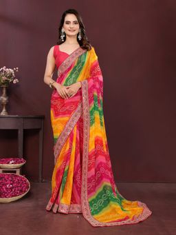 VAIRAGEE - Georgette Print Multicolour Embroidery Saree with Unstitched Blouse