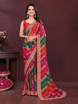 VAIRAGEE - Georgette Print Multi Colour Embroidery Saree with Unstitched Blouse