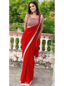 VAIRAGEE - Star Georgette Red Embroidery Saree with Unstitched Blouse