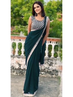 VAIRAGEE - Star Georgette Teal Embroidery Saree with Unstitched Blouse