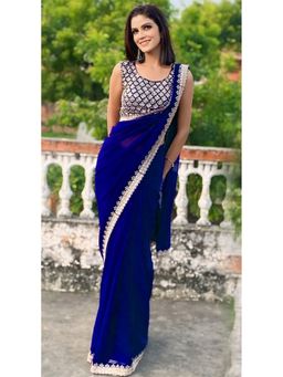 VAIRAGEE - Star Georgette Blue Embroidery Saree with Unstitched Blouse