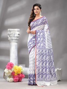 Angoshobha - Dusty Blue Cotton Blend Printed Handloom Saree with Unstitched Blouse