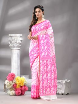 Angoshobha - Pink Cotton Blend Printed Handloom Saree with Unstitched Blouse