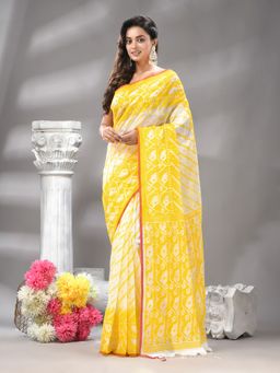 Angoshobha - Yellow Cotton Blend Printed Handloom Saree with Unstitched Blouse