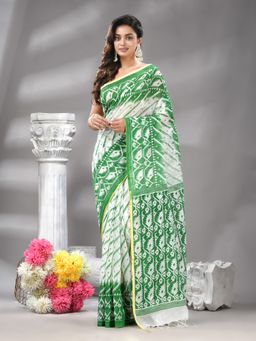 Angoshobha - Green Cotton Blend Printed Handloom Saree with Unstitched Blouse