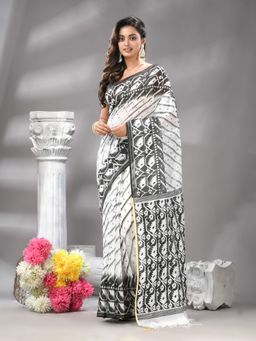 Angoshobha - Black Cotton Blend Printed Handloom Saree with Unstitched Blouse