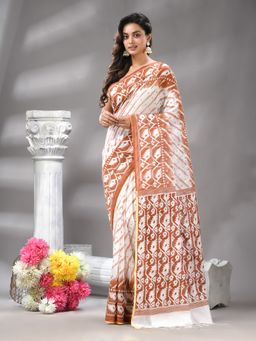 Angoshobha - Browen Cotton Blend Printed Handloom Saree with Unstitched Blouse