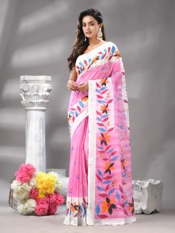 Angoshobha - Pink Colour Floral Print Handloom Saree with Unstitched Blouse