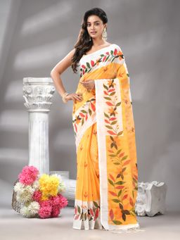 Angoshobha - Yellow Colour Floral Print Handloom Saree with Unstitched Blouse