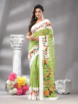 Angoshobha - Green Colour Floral Print Handloom Saree with Unstitched Blouse