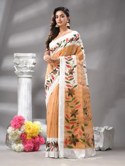 Angoshobha - Beige Colour Floral Print Handloom Saree with Unstitched Blouse