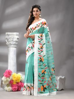 Angoshobha - Teal Colour Floral Print Handloom Saree with Unstitched Blouse