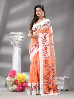 Angoshobha - Orange Colour Floral Print Handloom Saree with Unstitched Blouse