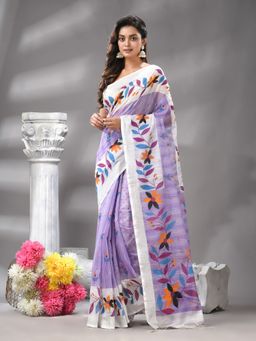Angoshobha - Purple Colour Floral Print Handloom Saree with Unstitched Blouse