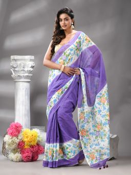 Angoshobha - Traditional Purple Cotton Bland Kotha Check Handloom Saree with Unstitched Blouse