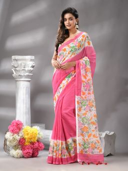 Angoshobha - Traditional Pink Cotton Bland Kotha Check Handloom Saree with Unstitched Blouse