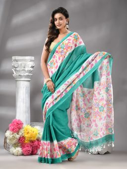 Angoshobha - Traditional Firoza Cotton Bland Kotha Check Handloom Saree with Unstitched Blouse