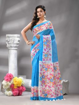 Angoshobha - Traditional Turquoise Cotton Bland Kotha Check Handloom Saree with Unstitched Blouse