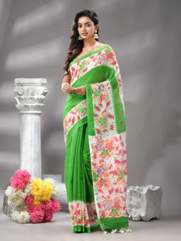 Angoshobha - Traditional Green Cotton Bland Kotha Check Handloom Saree with Unstitched Blouse