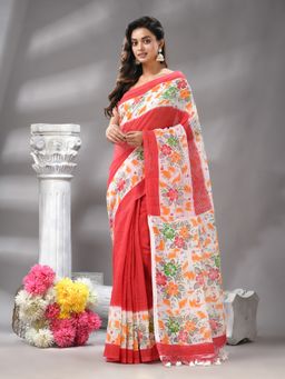 Angoshobha - Traditional Deep Red Cotton Bland Kotha Check Handloom Saree with Unstitched Blouse