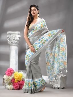 Angoshobha - Traditional Ash Cotton Bland Kotha Check Handloom Saree with Unstitched Blouse
