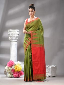 Angoshobha - Green Temple Border Cotton Blended Handloom Saree with Unstitched Blouse
