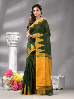 Angoshobha - Bottle Green Temple Border Cotton Blended Handloom Saree with Unstitched Blouse