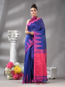 Angoshobha - Blue Temple Border Cotton Blended Handloom Saree with Unstitched Blouse